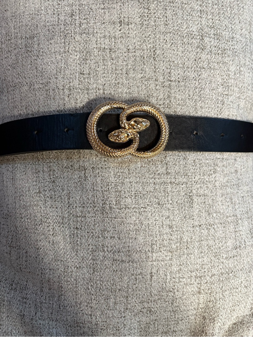 Elegant Black Faux Leather Belt with Gold Tone Double Snake Buckle